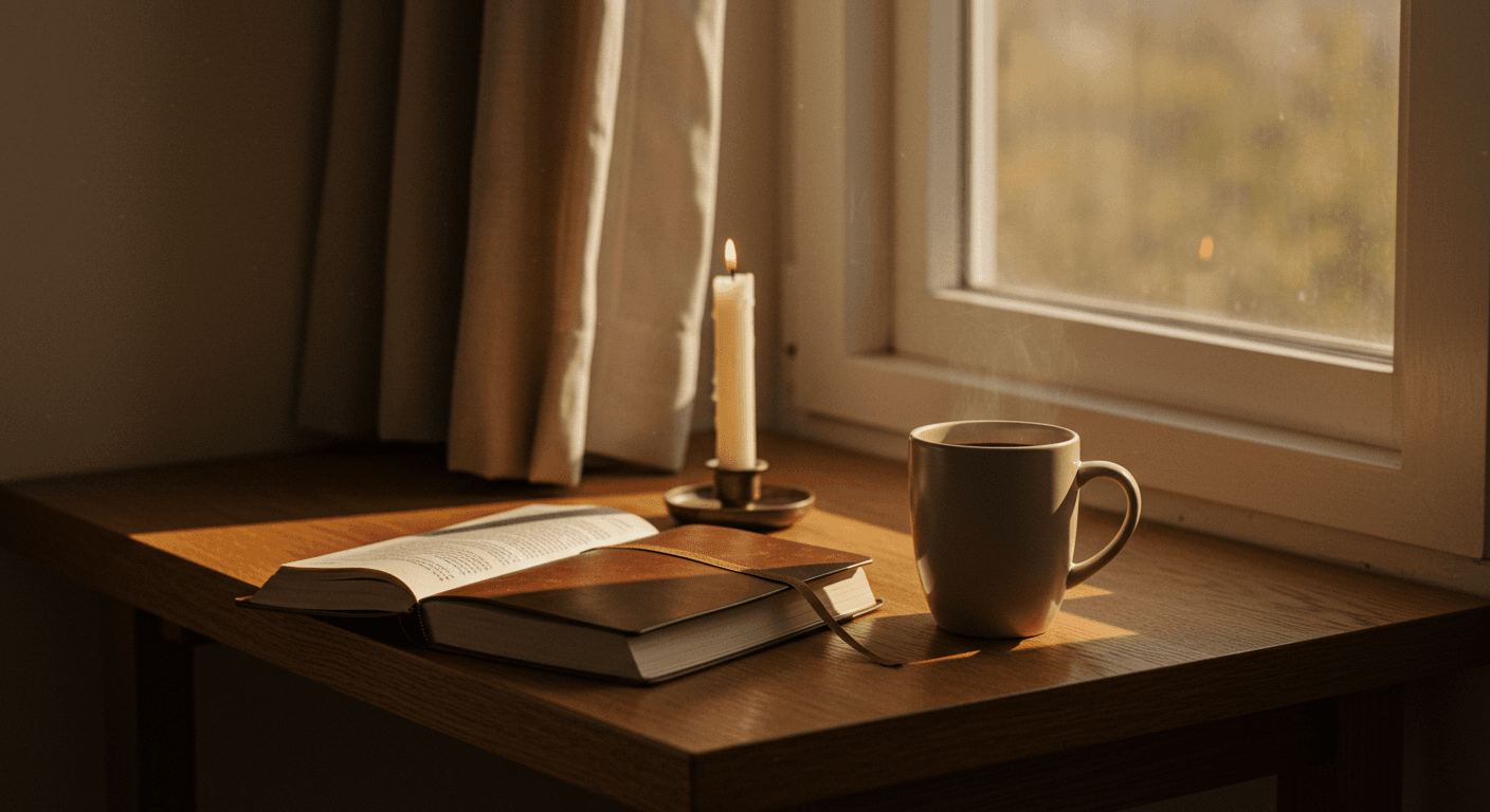 Una escena suave de mañana con libreta, vela y café, alineada con el tono sereno de Salmo